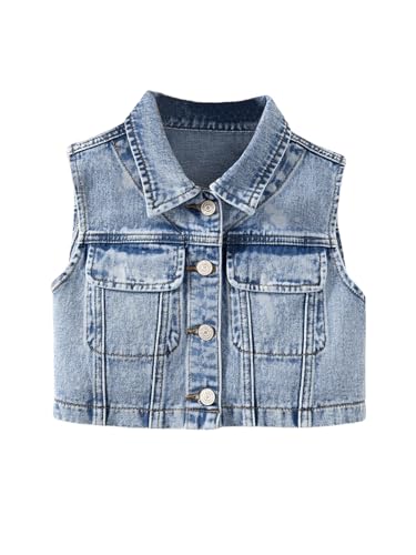 Girl's Denim Jacket Vest Collar Neck Button Front Sleeveless Jean Jacket Outerwear with Pockets Summer Jacket