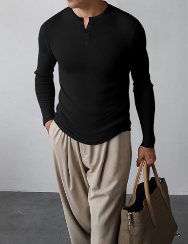 JMIERR Mens 2025 Fall Fashion Casual Henley Shirt Long Sleeve Slim Fitted Shirts Curved Hem for Athletic Gym Workout2
