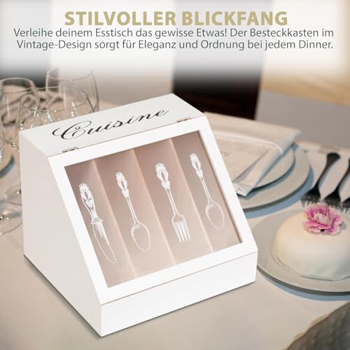 Riyashop Cutlery Tray with Hinged Lid - Rustic Shabby Chic Balsa Wood Organiser, 4 Compartments, 26 x 30 x 24 cm - Practical Cutlery Storage for Kitchen, Buffet, Party, Housewarming - Cream - Image 5