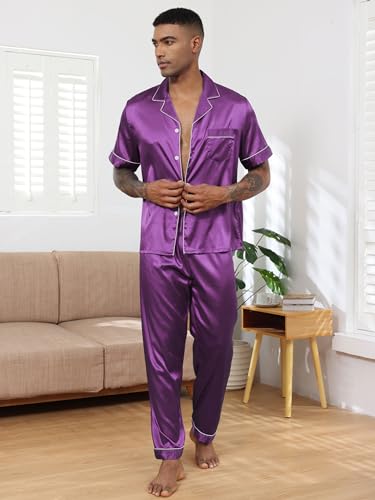 Mens Silk Satin Pajamas Set 2 Piece Classic Pjs Sets Short Sleeve Button Up & Pajama Pants Loungewear Sets4