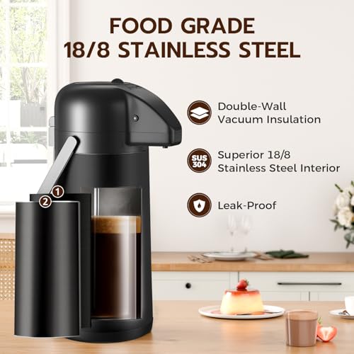 Image of Coffee Carafe for Keeping Hot - Gezoss 102OZ / 3L Airpot Coffee Dispenser with Pump - Large Coffee Carafe for Hot Drinks Tea Liquid - Insulated Stainless Steel Hot Water Beverage for Parties,Black