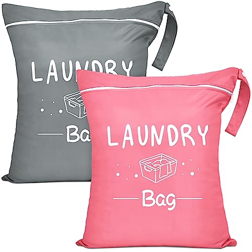Bolsa de lavandería de viaje pequeña con cremallera, bolsa de lavandería impermeable para ropa sucia, ropa de baño, lavable para camping, bolsa de mojado, adecuada para fitness (rosa y gris)