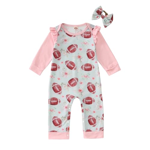 CM C&M WODRO Baby Girl Football Outfit Cute Football Floral Jumpsuit Long Sleeve Romper Onesie Headband Infant Fall Clothes