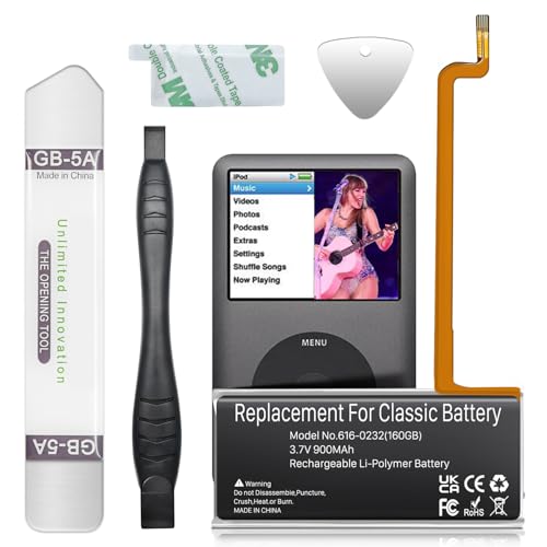 【 900mAh 】for ipod 5th - 7th Classic Battery , High Capacity 616-0232 Battery Replacement Compatible with iPod 5th - 7th Generation Video Classic A1136 A1238 6th 80GB 6.5th 120GB 7th 160GB 5th 30GB