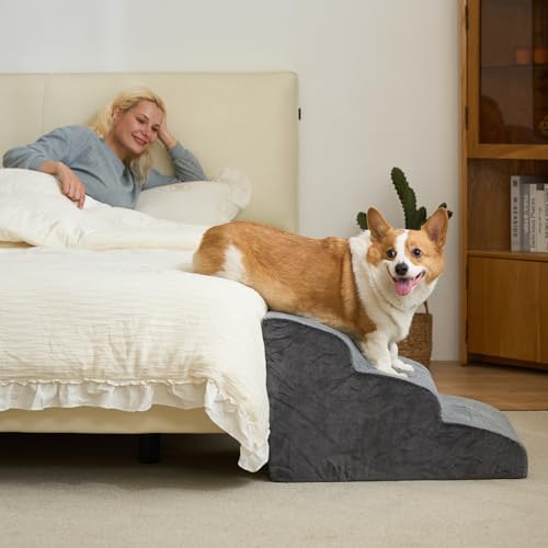 Hundetreppe für kleine Hunde, 3 Stufen 40cm Hoch Haustiertreppe, Waschbar rutschfest, Katzentreppe für Alte Katzen Für Bett, Sofa, Couch Grau