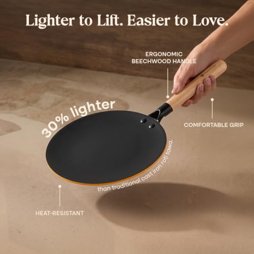 Image of CUMIN CO. Enamel Cast Iron Roti Tawa LITE | 26 cm | 5 Years Warranty | Non Toxic Non Stick Tawa for Roti /Chapati | Chemical Free Coating | No Seasoning Needed | Sarso (Mustard)