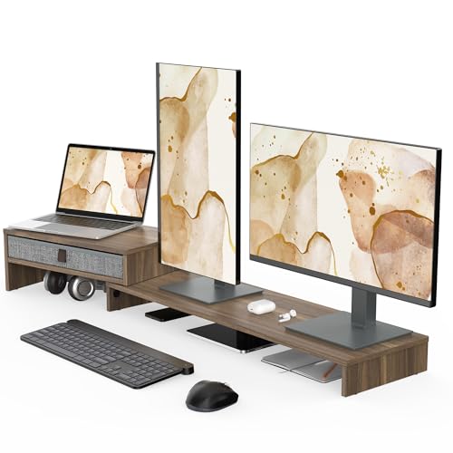 Fenge Réhausseur d'Écran en Bois,Support de Moniteur Réglable,Support d'Ordinateur Portable,PC,TV,Imprimante - pour 2 Moniteurs - avec Tiroir de...