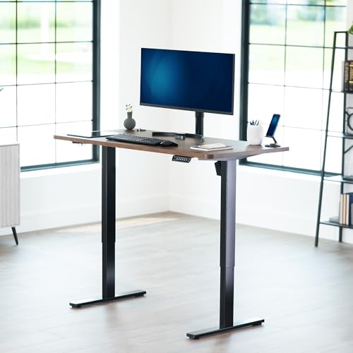 Image of VIVO Rustic Vintage Brown 55 x 28 in Standing Desk, DESK-KIT-1B55N | Electric, Holds 220 lbs, Sit Stand, Height Adjustable, Solid One-Piece Table Top, Memory Presets, 1B Series, Black Frame