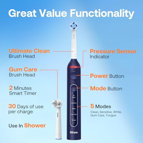 Image of Bitvae R2 Rotating Travel Electric Toothbrush, 8 Professional Brush Heads, Carrying Case, 5 Teeth Care Modes, Pressure Alerts to Prevent Gum Injury, Long Duration
