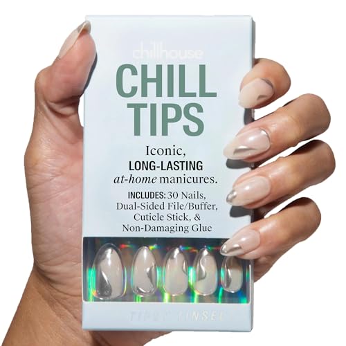 Chillhouse - Chill Tips, Press on Nails Kit - Tipsy Tinsel (Almond) - 30 Nail Shapes & Sizes - Up to 2 Weeks of Wear - Customizable Fit - Reusable - Latina Founded & Women Owned - Beauty & Self Care