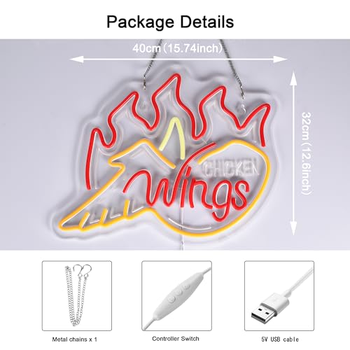Image of Chicken Wings Neon Sign, Neon Lights Hanging Wall Art Decoration for Grilled Wings Shop, Fast Food Shop /Truck, Bar, Party, or Restaurant., USB Powered Ultra Bright Dimmable