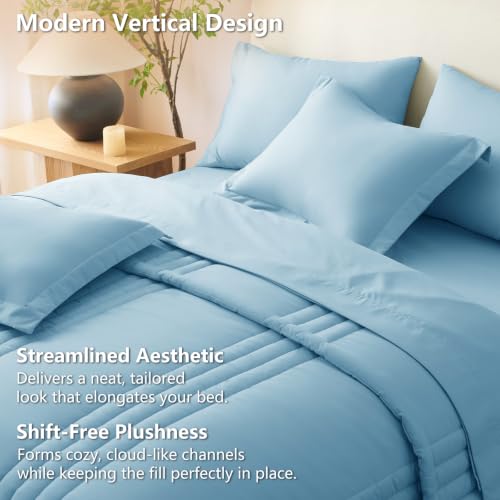 Image of CozyLux Full Size Comforter Sets Aqua Blue - 7 Pieces Bed in a Bag, Modern Vertical Quilted Room Decor, Soft All-Season Bedding Gift with Comforter, Sheets, Pillowcases & Shams