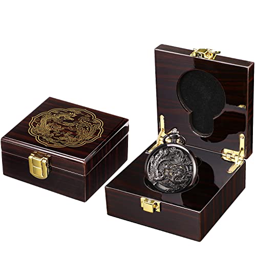 Image of ManChDa Antique Mechanical Pocket Watches for Men Lucky Dragon Phoenix Pocket Watch with Chain Skeleton Dial Roman Numerals Gifts for Fathers Day