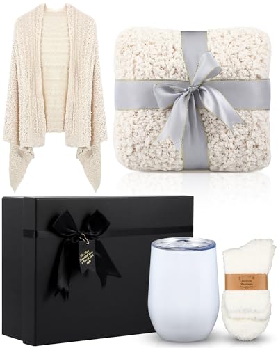 Chuarry Women Blanket Christmas Gifts Set Include 1 Soft Wrap Knit Blanket 12 oz Tumbler 1 Pair Sock with Gift Box