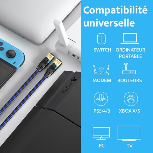 3. Bild von Ultra HDTV CAT 8.1 Netzwerkkabel – 3 Meter, 40 Gbps LAN Kabel, Patchkabel Gigabit RJ45 Ethernet, Knickschutz, Nylon-Ummantelung mit 40.000 Mbit Glasfaser 3 Meter
