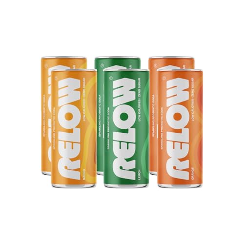Image of Relow Variety Pack Sparkling Probiotic Soda (Lemon, Mango, Orange) | Zero Sugar | Zero Caffeine | Low Calorie | Natural Stevia | All Natural Ingredients | No Artificial Flavours | 250ml | Pack of 6
