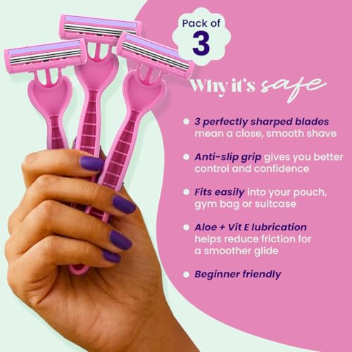 Image of Hyuman Smooth Shave Women Body Razor, Reusable Hair Removal Razor with 3 Stainless Steel Blades, Aloe Vera & Vitamin E Strip, Underarm Shaver for Legs, Arms & Bikini, Pack of 3
