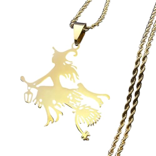 Collier chat sorcière balai en acier doré pour femme bijou d'Halloween