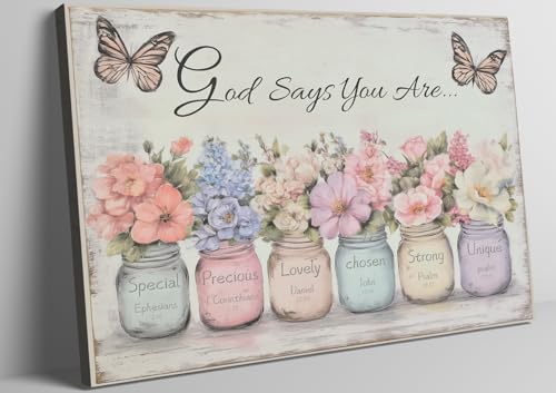 XRZ Scripture Wall Art: God Says You Are Wall Art, Spiritual Religious Wall Decor, Christian Inspirational Bible Verse Gifts for Women, Mason Jar Butterfly Prints 12x16 Inch Bedroom Decor, Pink