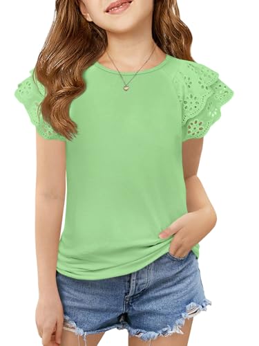 Image of Haloumoning Girls Ruffle Sleeve T Shirts Summer Short Sleeve Casual Cute Crewneck Tops Tees 5-14 Years
