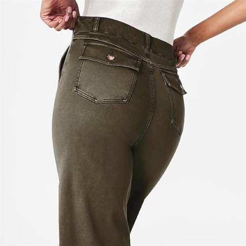 Tummy Control Twill Cropped Wide Leg Pant, Plus Size Wide Leg Denim Pants,Petite Crop Trousers Stretch (ArmyGreen, XXXL)2