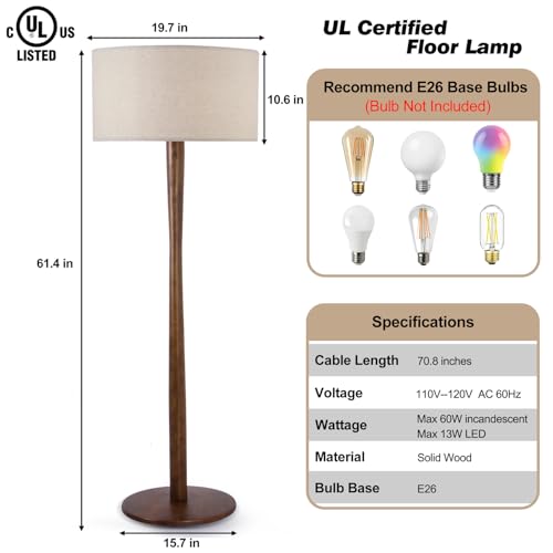 Image of 62 inch Tall Rustic Walnut Wood Floor Lamp with Large Linen Shade, Beige