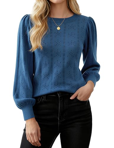 Image of GRACE KARIN Fall Sweaters for Women 2026 Puff Long Sleeve Crewneck Dressy Casual Tops Crochet Hollow Out Cute Pullover Blouse