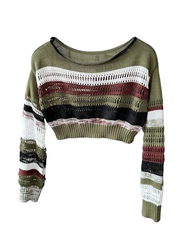 Girl's Striped Hollow Out Cropped Sweater Boat Neck Long Sleeve Crochet Crop Top Drop Shoulder Pullover Tops
