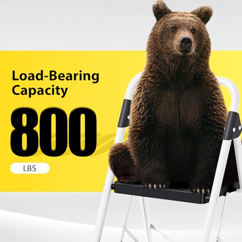 KINGRACK Trittleiter 3 Stufen klappbar 360KG belastbarer mit Sicherheitsverriegelung, rutschfestem Breitpedal und Armlehne Leichte Haushaltsleiter für Haus, Küche, Schrank und Bürogebrauch, weiß