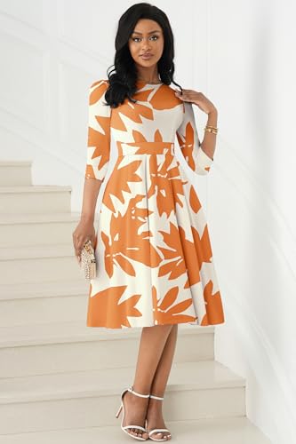 Image of Runwind Vintage Dress for Women - 3 /4 Sleeve Casual A-Line Wedding Guest Cocktail Dress with Pockets