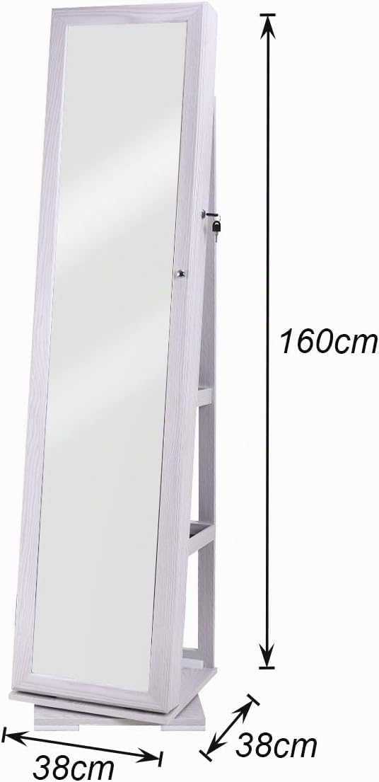 sogesfurniture Armoire à Bijoux sur Pied, Armoire de Rangement cosmétiques avec Miroir Plein Longueur et Étagères Arrières, Rangement Bijoux Verrouillable, Pivotante à 360°, Blanc