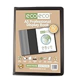 eco-eco A5 50% Recycled 60 Pocket Black Professional Business Display Book, Padded Portfolio Art Folder with Plastic Sleeves, eco144
