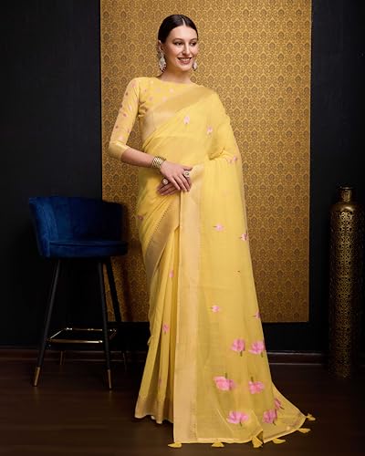 Image of SWORNOF Womens Linen Silk Saree | Saree for Women With Unstitched Blouse | Saree with Blouse Piece | Soft and Skin Friendly