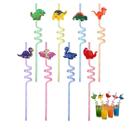 Lot de 8 Dinosaure Paille Enfant - Pailles Curly pour Anniversaire Enfant, pailles Réutilisables, Convient Pour Les Cocktails, Les Anniversaires D'enfants, Les DéCorations De Table De Fête De Famille