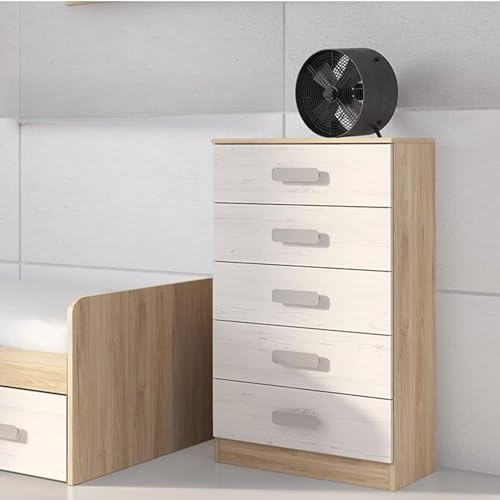 Meyvaser.com Ecommerce Company Sinfonier 5 Cajones, Cómoda, Almacenaje Dormitorio, Acabado en Blanco y Nordico, Medidas: 60 cm (An) x 108,5 cm (Al) x 38 cm de (Fon)