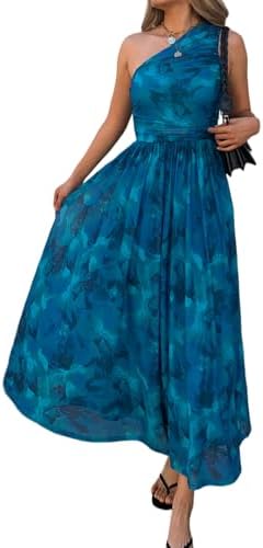 Women Summer One Shoulder Maxi Dress Sleeveless Ruched Mesh Long ...