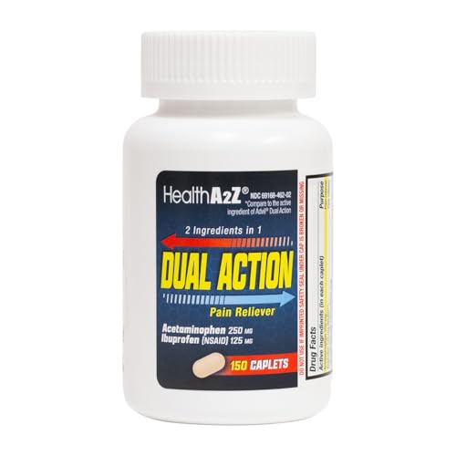 HealthA2Z Dual Action Pain Relief | Acetaminophen 250mg & Ibuprofen (NSAID) 125mg | Contains Two Medicines | Relief from Headache Fever & Backache (150 Caplets)