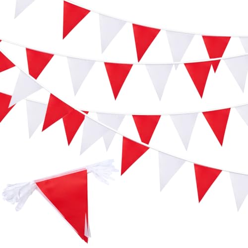 Guirlande rouge et blanche de 20 m, 52 fanions triangulaires réutilisables et imperméables, pour décoration d'anniversaire, de mariage, de fiançailles,...