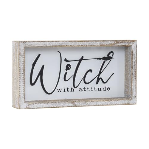 Image of Embossed Witch Sign, Farmhouse Halloween Decorations Indoor, Vintage Halloween Tiered Tray Decor, Funny Spooky Halloween Centerpieces for Table Cubicle Desk Mantel Fireplace