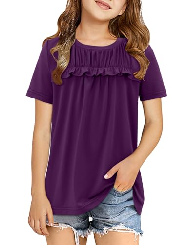 storeofbaby Girls Shirts Casual Short Sleeve Tops Round Neck Ruffle Flowy Tunic Blouses 5-14 Years