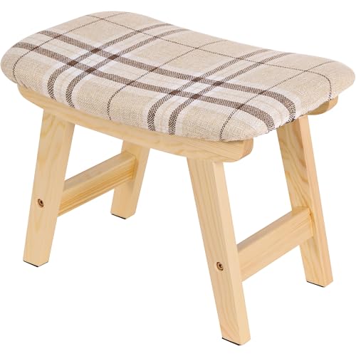 Yawinhe Taburete Otomana, Reposapiés Tapizado, 38x24x29cm Taburete de Sofá de Madera, Aburete Bajo de Lino, Taburete para Cambiar Zapatos, Adecuado para Sala de Estar, Dormitorio, Rayas