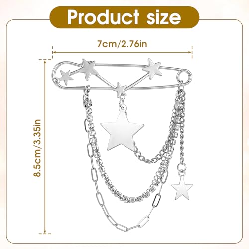 Image of Mabor Silver Star Brooch Pins for Women Star Tassel Chain Brooch Collar Pin | Vintage Bling Crystal Sweater Shawl Clips Punk Collar Chain Brooches for Women Girls Jacket Clothing