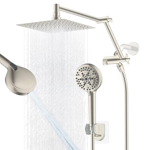 Image of Metal Rain Shower Head with Handheld, 8 inch High-Pressure Showerhead,10-Mode | Brushed Nickel, Rainfall Shower Head with 5 inch Large Handheld, Adjustable 16 inch Shower Extension Arm /71 inch Hose, 3-Way Diverter