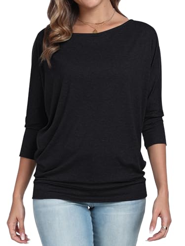 Poetsky Womens 3/4 Sleeve Shirts Sexy Off Shoulder Ruched Tops Loose Fitting Blouses2