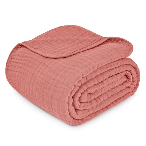 Image of Comfy Cubs Muslin Throw Blanket - 50 inch x 60 inch Quilted Design - Lightweight, Breathable 6-Layer Gauze Fabric - Soft Cotton Blanket for Home or Travel - Packaged in Elegant Gift Box - Dusty Rose