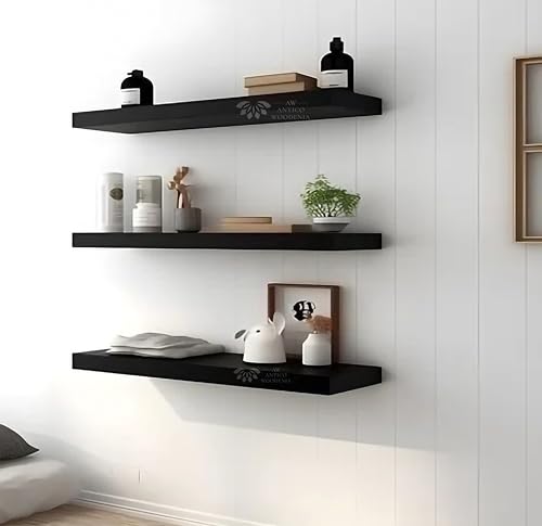 Image of Wooden Floating Wall Shelf| Wall Mount| Wall Rack| Wall Bracket for Home and Office Decor | Big Mounted Cabinets (Large, Set of 3, Black)