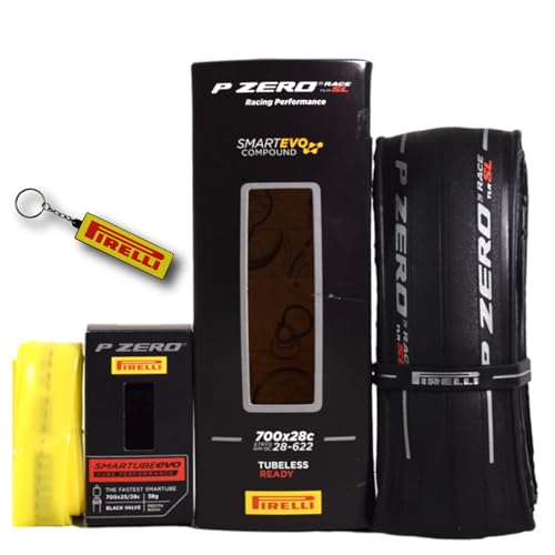 Pirelli P Zero Race TLR SL 28-622(700x28c) & SmarTUBE EVO 25/28-622 700C Road Bike Tire & Presta Tube Set- Super Lightweight, Bicycle Tire & Tube Set for Road Racing - SmartEVO Compound w/Keychain
