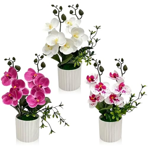 3 Stücke Orchideen künstlich Kunstblumen & -Pflanzen - 27cm künstliche Blumen Phalaenopsis im Topf Kunstblumen wie echt künstliche Blumen Kunstpflanze für Tisch Wohnzimmer Büro Dekoration (3*2 Äste)
