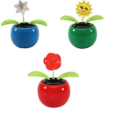 Set of 3 Dancing Flowers ~ 1 Lily+1 Smiley Sunflower+ 1 Rose in Assorted Colorful Pots Solar Toy Holiday Birthday Gift Home Decor