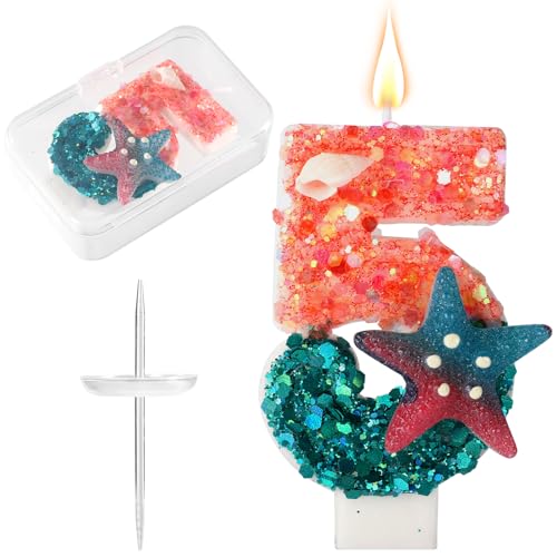 Vela de Sirena con Número, Vela de Sirena para Cumpleaños Tarta con Estrella Mar Decoración Ideal para Cumpleaños Niñas Baby Shower Bodas y Decoración Fiestas (Número 5)